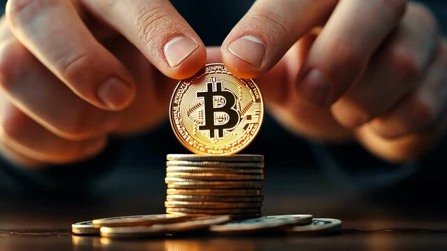 Person holding a Bitcoin coin above a stack of coins, dark background