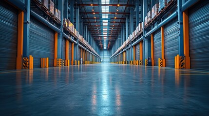 Obraz premium The interior of an empty warehouse, ready for inventory storage, delivery, distribution, and supply chain logistics.