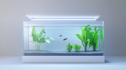 Glass aquarium with water and empty terrarium with white lids and lighting isolated on transparent background. Vector realistic mockup of clear rectangular tank for fish, aquatic pet and other animals
