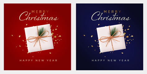 Merry Christmas and Happy New Year, luxury brochure covers, cards, greetings, posters, and holiday vector illustration set. Snowflakes, Christmas tree.  Trendy vector illustration with Christmas decor