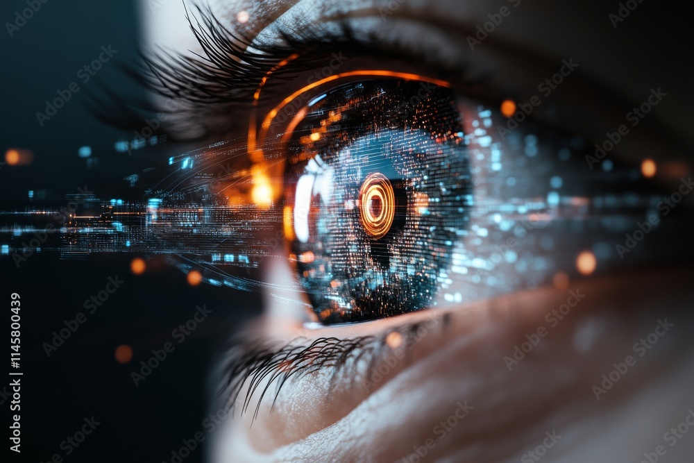 Poster eye displaying a digital display with glowing elements representing technology and artificial intell