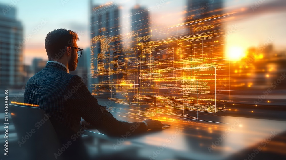 Poster a man analyzes glowing lines of code displayed on a transparent screen against a backdrop of city bu
