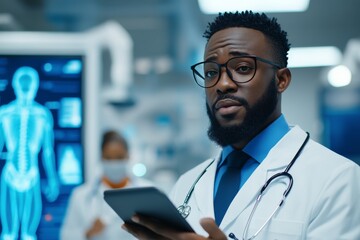 Fototapeta premium Medical professional reviews patient data in modern hospital setting during evening shift