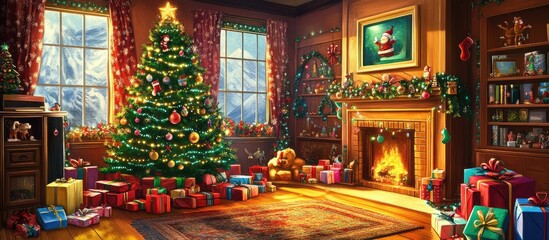 Fototapeta premium Cozy holiday interior with a beautifully decorated Christmas tree and vibrant presents creating a festive atmosphere for winter celebrations