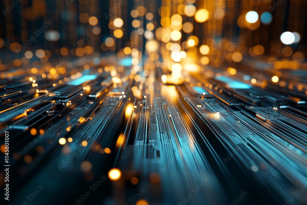 Poster digital landscape illuminated by golden particles flowing through a network of lines in a futuristic