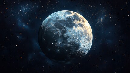 Fototapeta premium The moon hangs in a starry sky, a black universe background for adventure and exploration, a wallpaper design showcasing the beauty of our celestial neighbor.