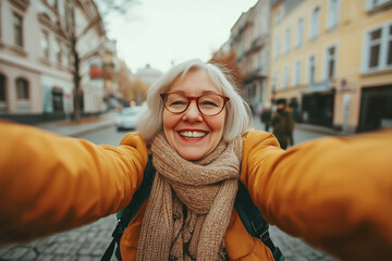 Joyful gray-haired senior woman in trendy glasses and clothes taking selfie with smartphone in the street