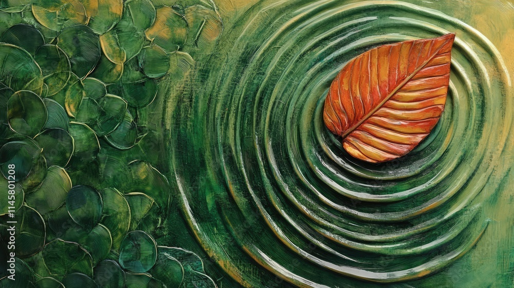 Poster leaf floating on water creating ripples surrounded by lush greenery in a tranquil nature setting