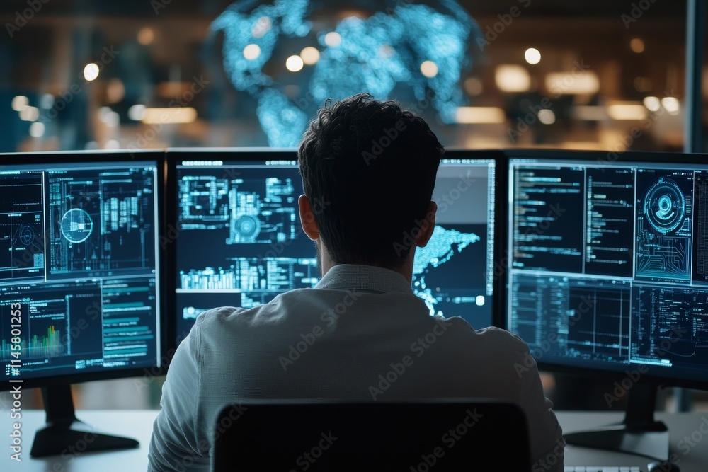 Poster professional analyzing data on multiple screens in a modern tech environment during evening hours