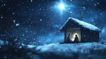 Naklejka premium A Snowy Night Nativity Scene With Bright Star