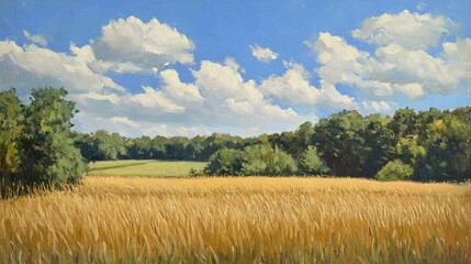 Fototapeta premium Wisconsin cornfield during early summer showcasing vibrant crops and a sunny sky with fluffy clouds in a serene landscape.