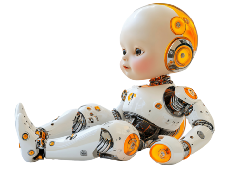 Isolated Baby Robot Character with Orange Details