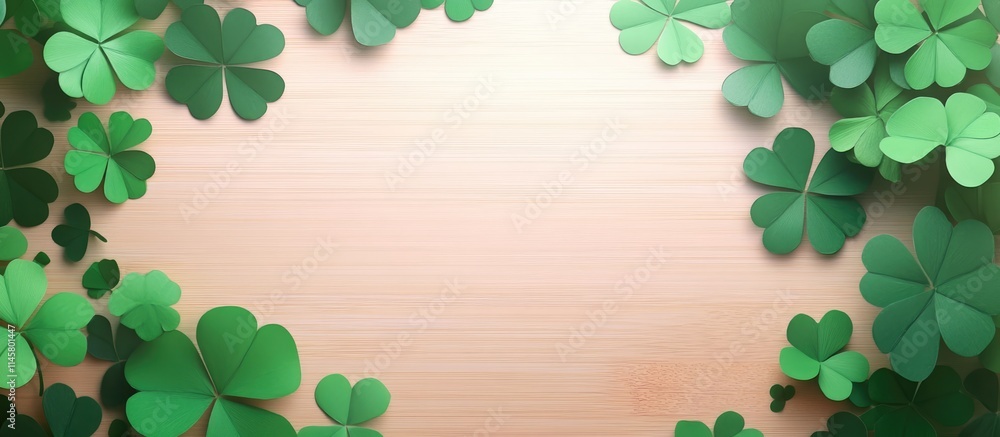 Poster clover leaves arranged on a wooden background creating a natural frame for text space perfect for se