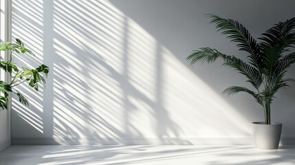 Shadow overlay effect backgrounds. Vector realistic mockup of room with sunlight from window and gray shades of blinds and plant leaves on white wall and floor