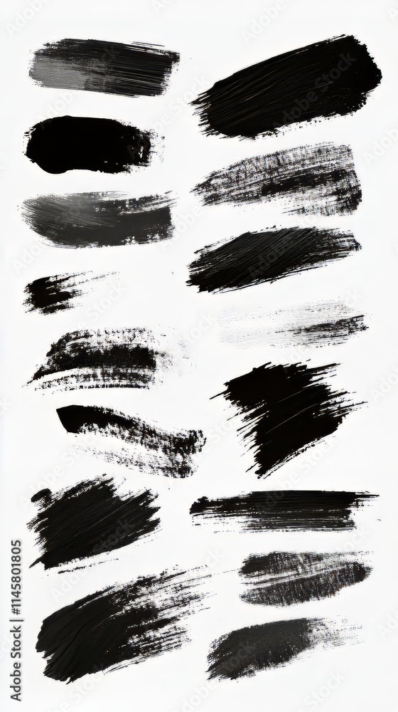 Poster an assortment of various black brush strokes on a white background, displaying a range of textures a