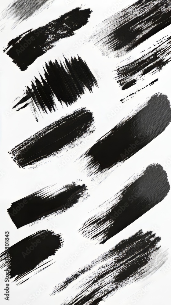 Poster an assortment of various black brush strokes on a white background, displaying a range of textures a