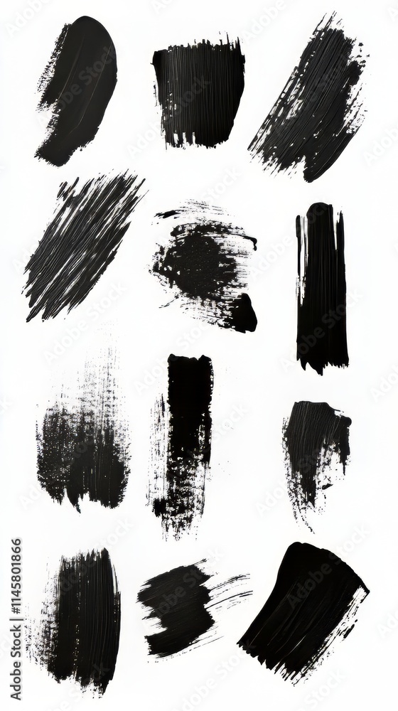 Poster an assortment of various black brush strokes on a white background, displaying a range of textures a