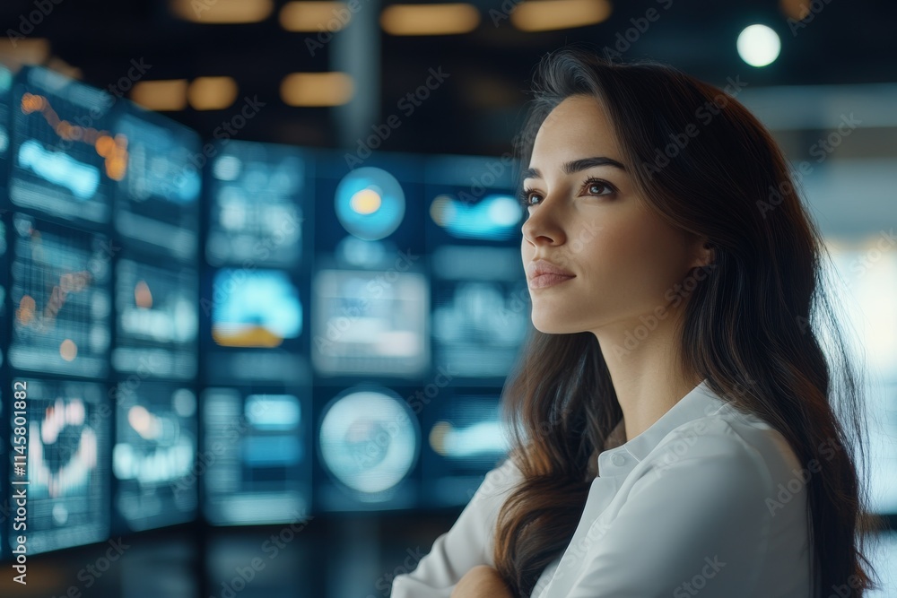 Poster professional woman analyzing data in a modern office environment with digital screens displaying cha