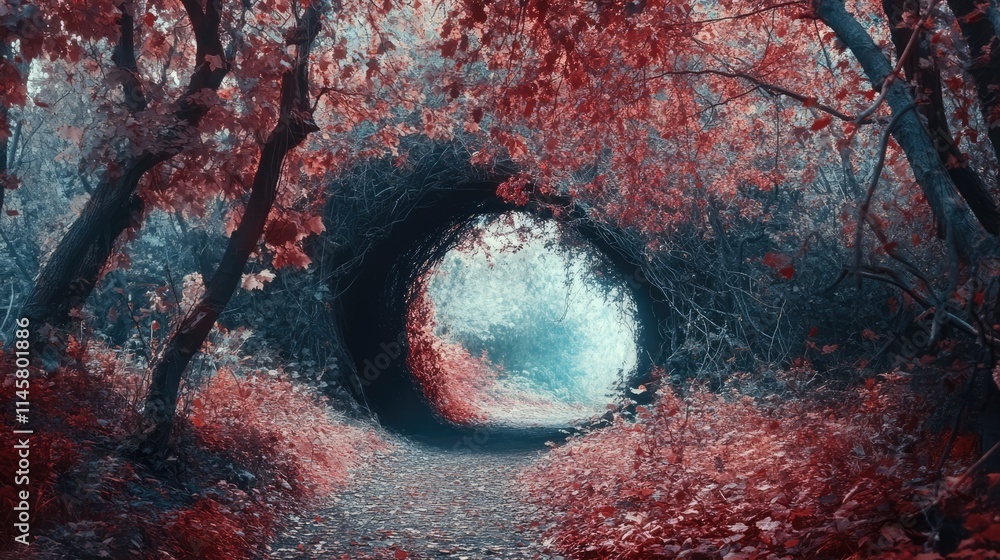 Poster enchanting tree tunnel with vibrant autumn foliage creating a magical pathway through the forest inv