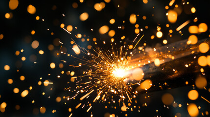 Fototapeta premium Weld sparks isolated on black background. Vector realistic flare effect of metal welding, iron cutting, fireworks or electric flash. Set of light flashes of industrial works with steel or firecrackers