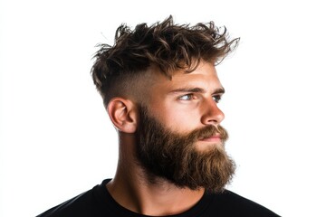 Fototapeta premium Trendy hairstyle with full beard showcases modern grooming style