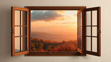 A window with a view of a mountain range and a sunset