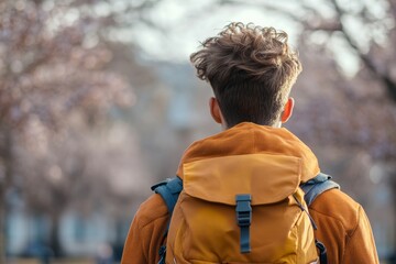 Fototapeta premium Young man with backpack admires cherry blossom trees in springtime park during golden hour light