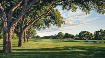 Obraz premium Scenic view of trees lining a golf course with pristine grass and a serene sky in the background
