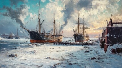 Obraz premium Ships anchored in winter snow at a pier on the frozen White Sea showcasing a historic maritime scene with dramatic clouds and icy landscape.