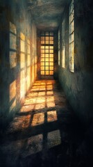 Bright prison cell double exposure photography with light and shadow, symbolizing freedom, isolation, and hope in a unique artistic style. photoshop textures. Ultra realistic. Photorealistic