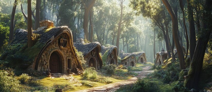 Ancient Gaul stone cottages nestled in a serene eucalyptus forest with sunlight filtering through the trees creating a peaceful atmosphere