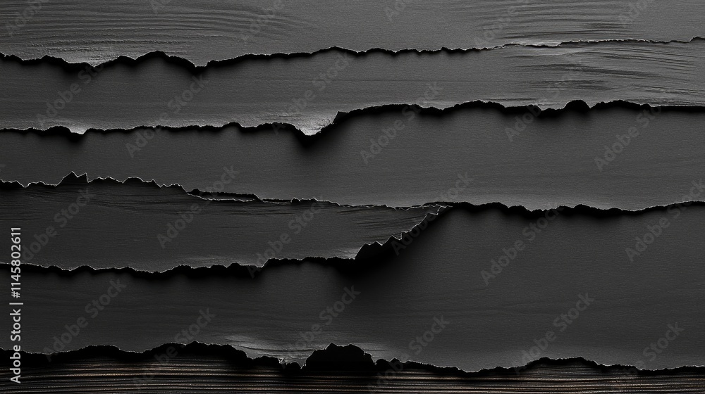Poster black ripped paper texture layered on wooden backdrop with ample copy space for creative design proj