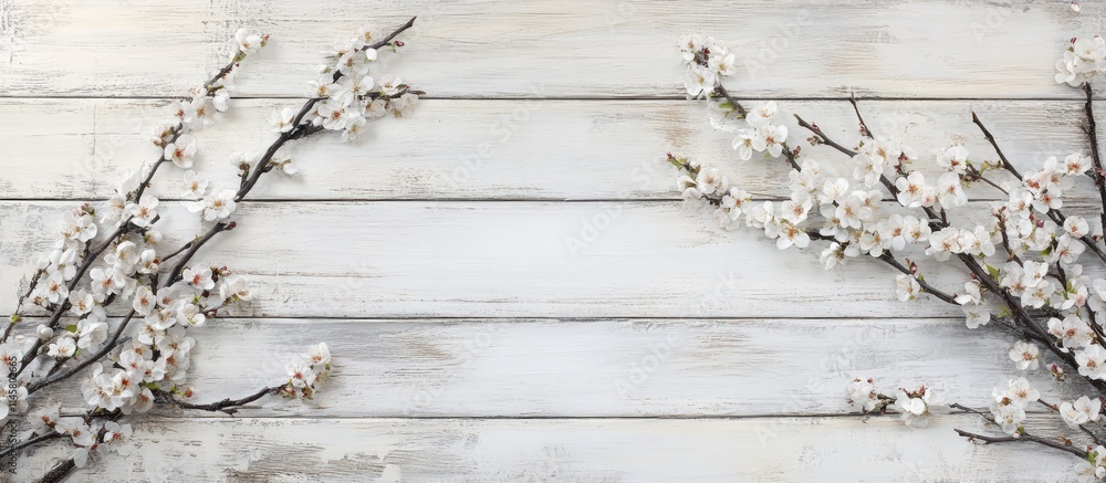 Aufkleber blossoming cherry plum branches on a rustic white wooden backdrop with space for text in a springtim