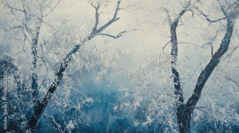 Poster winter trees covered in frost creating a serene landscape in a snowy forest setting with soft light 