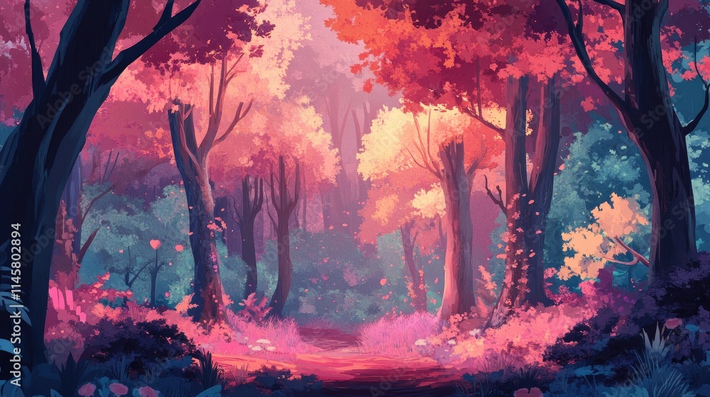 Poster vibrant enchanted forest path with colorful autumn foliage and soft light filtering through trees