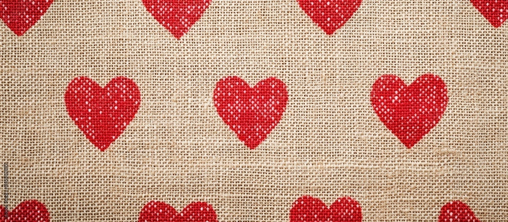 Poster red polka dot hearts on burlap fabric with empty space for customized text or design elements in val