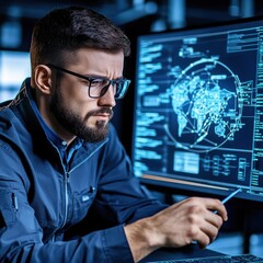 Focused Man Analyzing Data on Computer Screen in Modern Office with Digital Interface and Graphical Map Visualization, Showing Professional Technology Usage