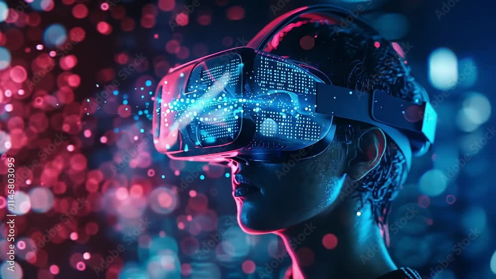 Poster woman wearing a virtual reality headset experiences an immersive digital environment, with a stream 