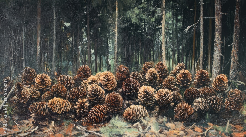 Poster forest floor adorned with a cluster of pine cones surrounded by tall trees in a serene woodland sett
