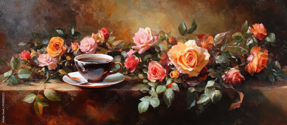 Poster coffee cup surrounded by a vibrant arrangement of colorful roses on a rustic table setting creating 