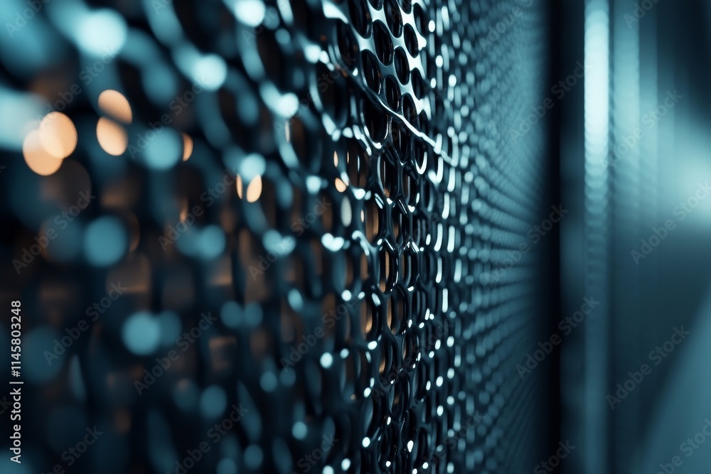 Poster intricate metal mesh pattern creating abstract textures and reflections in a dimly lit urban environ