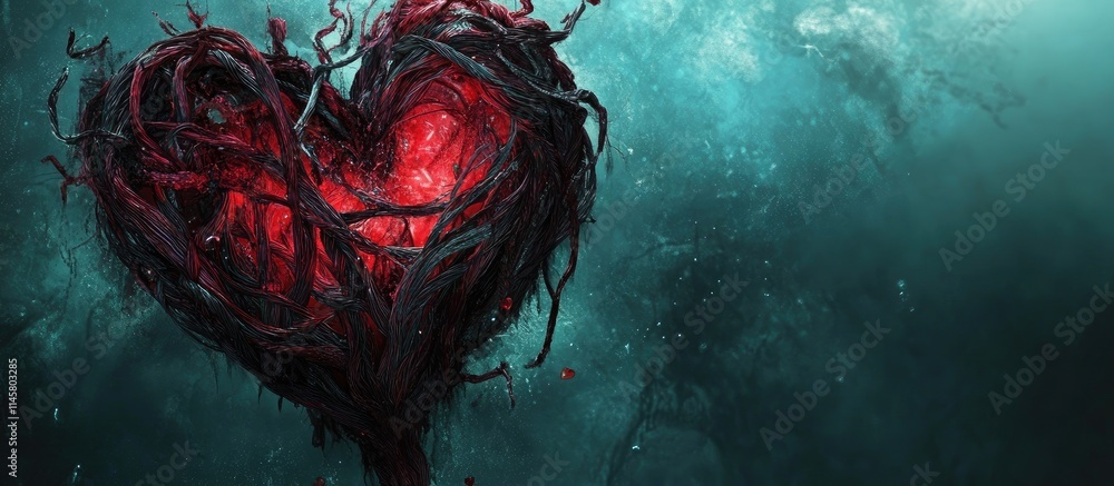 Poster dark abstract heart shape with twisted ribbons and glowing red center on mysterious background
