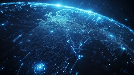 Obraz premium Worldwide connectivity and business networking visualized as a blue futuristic map with Earth's silhouette, connecting points and lines.