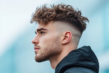 Obraz premium Stylish young man with curly hair showcasing a modern haircut against a blurred urban background