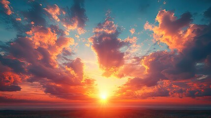 Fototapeta premium The sky with clouds and a flare of light at sunset represents belief, faith, and spiritual religion, offering a peaceful background for worship.