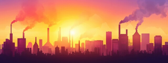 Fototapeta premium Vibrant Urban Skyline at Sunrise with Silhouetted Buildings and Factory Emissions Against a Colorful Gradient Sky
