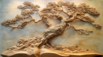 Fototapeta premium Intricate relief sculpture of an ancient tree showcasing detailed branches and roots against a textured background for artistic decor.