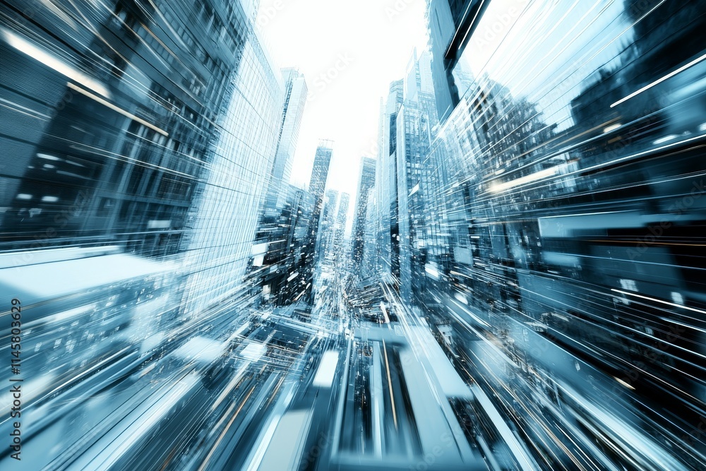 Poster dynamic view of skyscrapers creating a sense of movement in a bustling urban environment