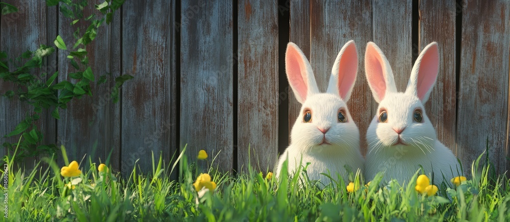 Poster charming easter bunnies nestled in vibrant grass with a rustic wooden fence backdrop in a serene spr