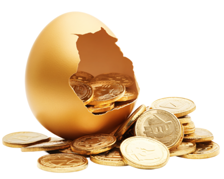 Isolated Broken Golden Egg with Cryptocurrency Coins